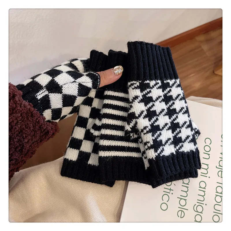 Осенне-зимние теплые перчатки с открытыми пальцами вязаные черно-белые жаккардовые эластичные шерстяные без пальцев для рук