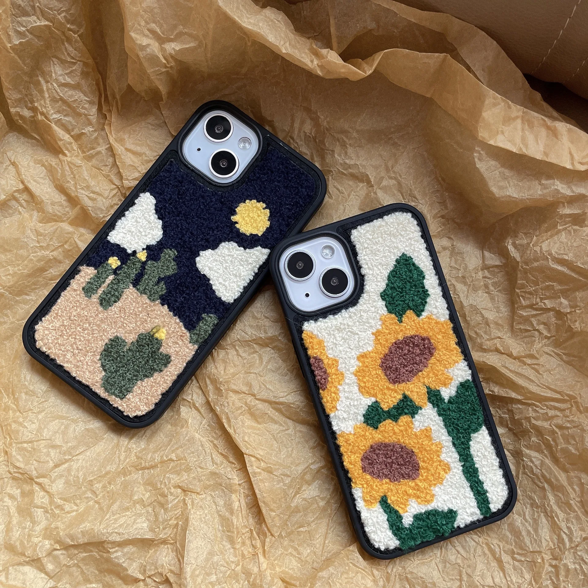 Sunflower Wool Felt Handmade Embroidered Chessboard Mobile Phone case Female Cute 3d Luxury Designer Phone Cases for Iphones