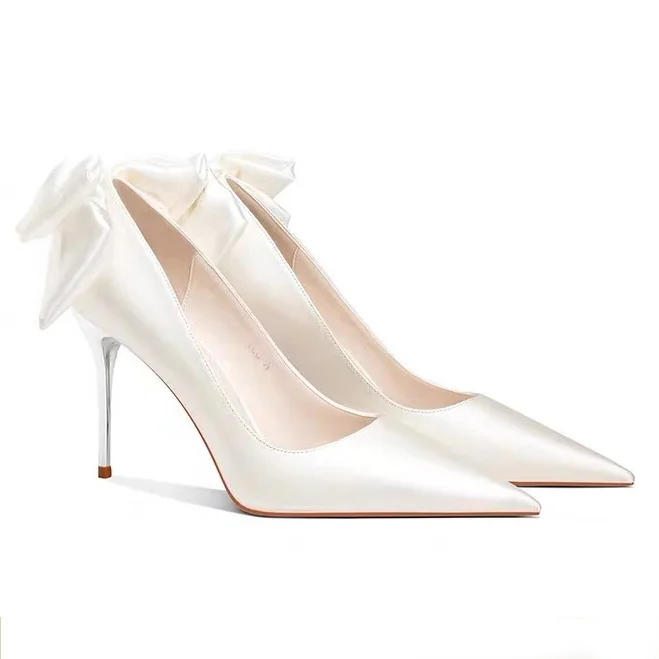 Wedding party branded shoes women autumn bridal shoes high heel white color satin material pointed toe wholesaler price
