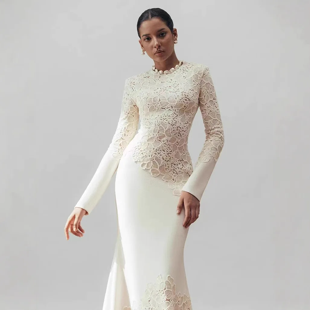 Fashion Design Luxury High Quality Vintage Tight Banquet Elegant Hook Flower Fishtail White Dress