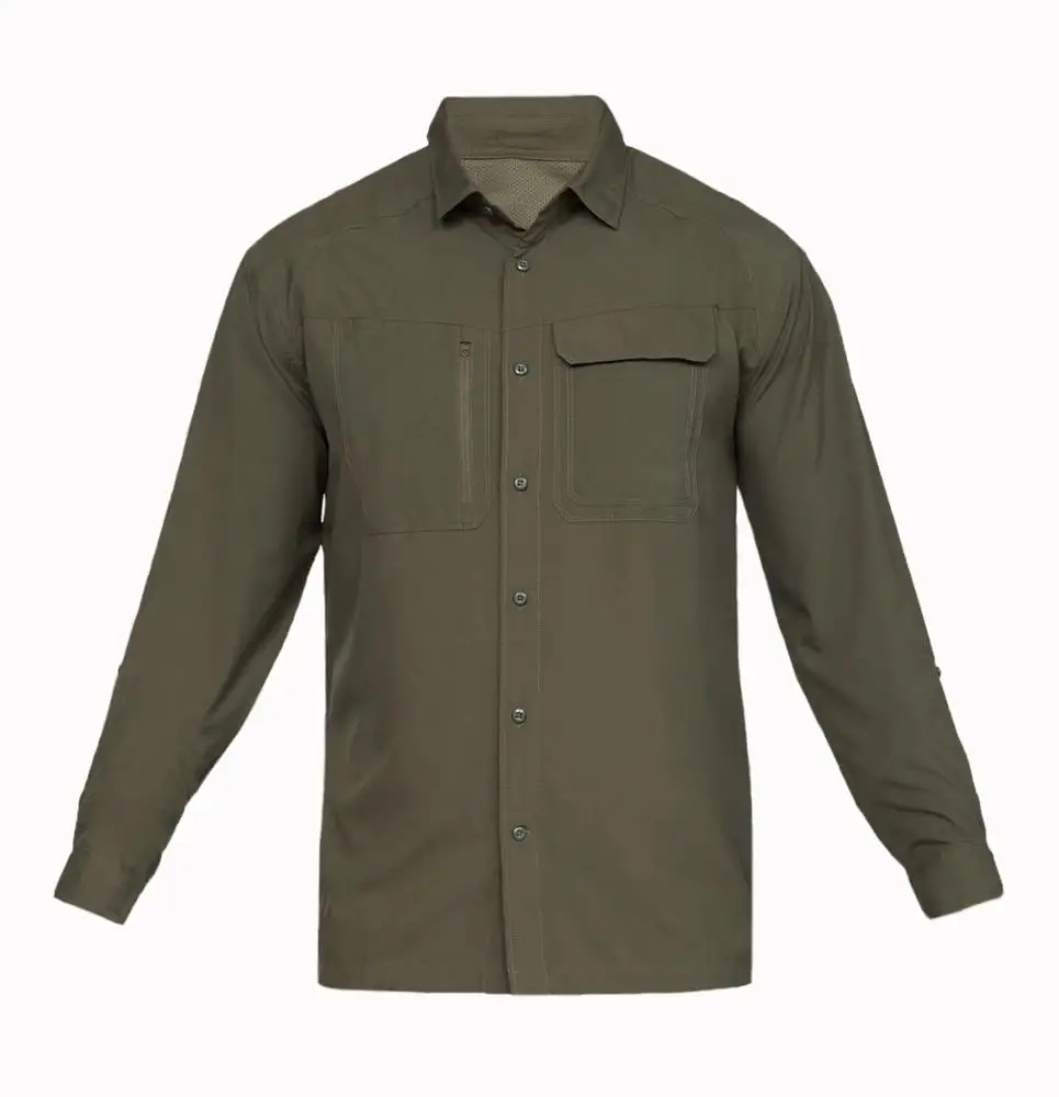 Рубашка рыболовная быстросохнущая армейского зеленого цвета с длинными рукавами и карманами, 100% полиэстер