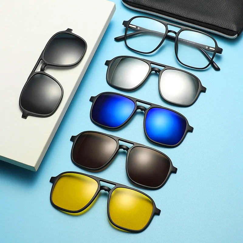 5 in 1 Sunglasses Magnetic Clip on Glasses TR90 Optical Prescription Eyeglass Frames with Clips Polarized Sunglasses Men