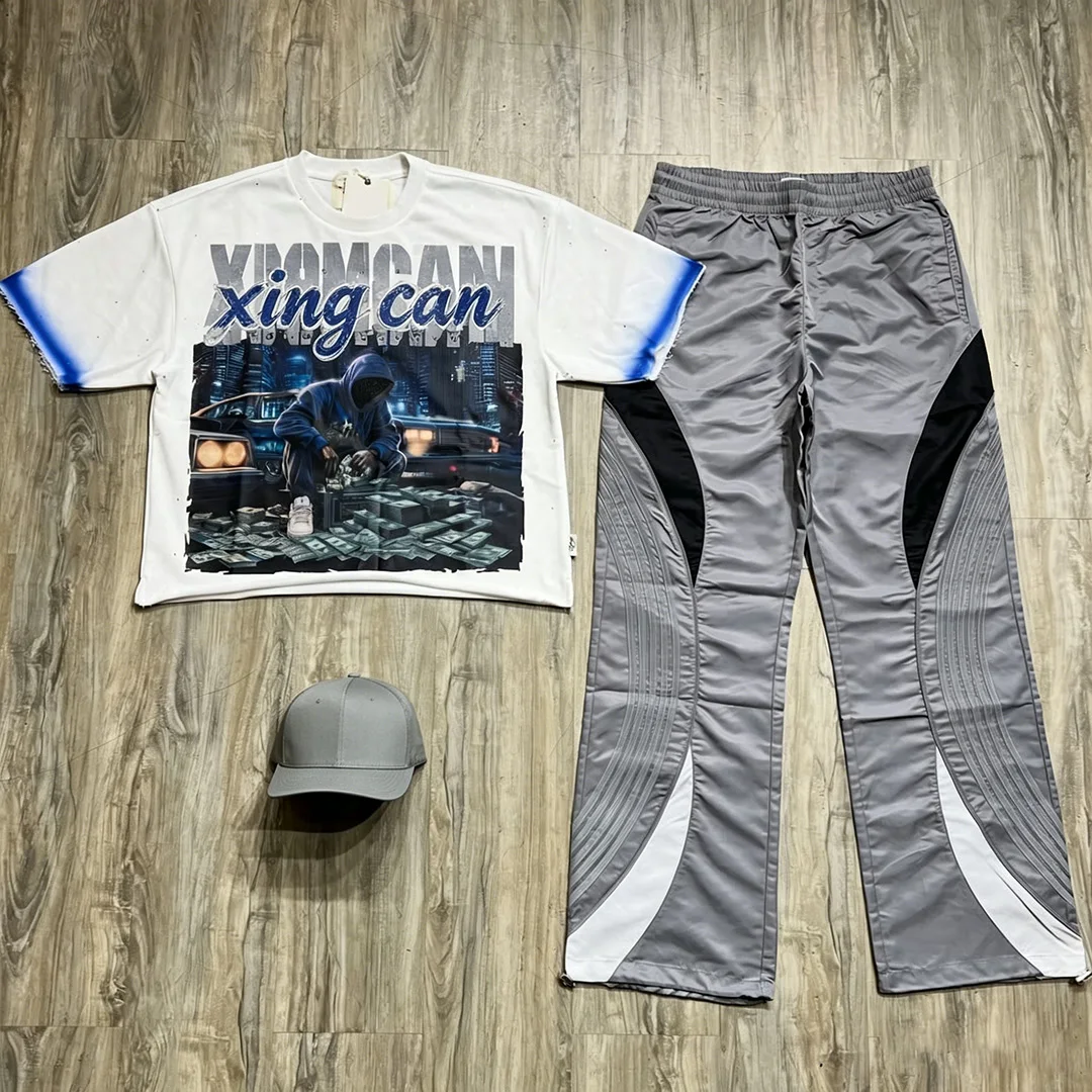 Damski zestaw sportowy w stylu streetwear, nadmiernie luźny krój, koszulka z nadrukiem sitodrukowym i luźne spodnie dresowe – zestaw dwuczęściowy