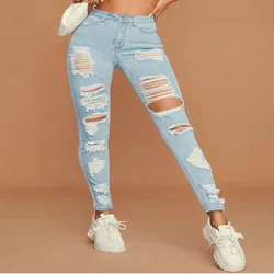 High Waist Stretch Ripped woman jeans skinny  sky blue  Cat's Whiskers light wash denim pants for women wholesale custom 2021