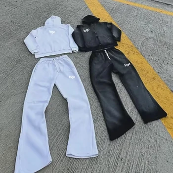 Custom Vintage Jogging Set for Men Zip-Up Acid Wash Tracksuit Straight Leg Flared Sweatpants Hoodie Sweat Suit Gym Use Loose Fit