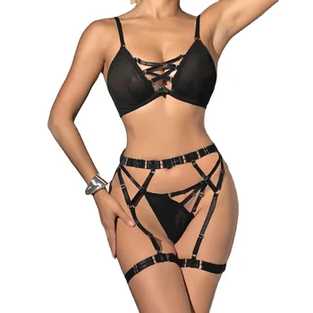 Wholesale Popular Sexy Women's Underwear Cross Hollow out Strap Sheer Mesh Lingerie Suit with Lace Decoration