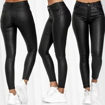 2021 Women PU Leather Long Pants Black Tight Trousers