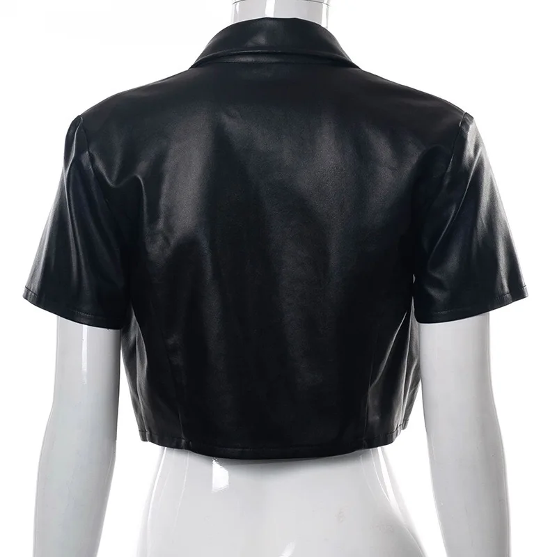 Black PU Leather Button Up Short Sleeve Crop Top T Shirt Women Fashion 2021 Streetwear Vintage Clothes