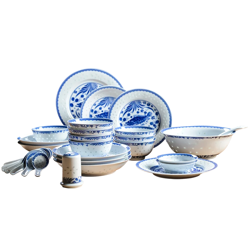 Vaisselle en porcelaine exquise de Jingdezhen, assiettes et bols de luxe sains de couleur sous glaçure, ensemble de bols et de plats cadeaux haut de gamme