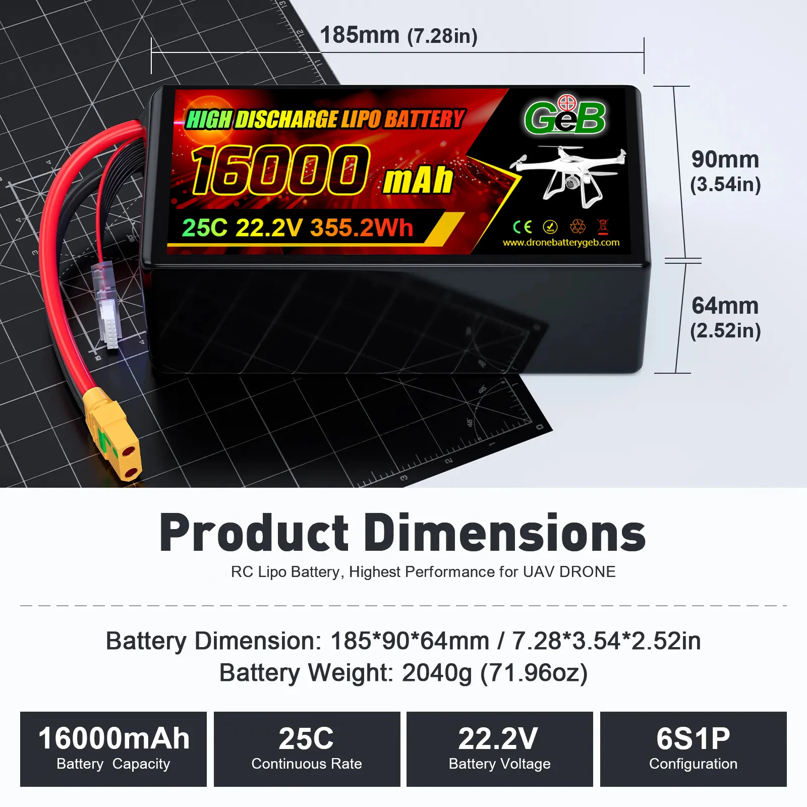 Bateri lipo berkapasiti tinggi GEB 7S 22.2V 16000mah 25C kadar nyahcas tinggi bateri polimer litium untuk bateri dron UAV