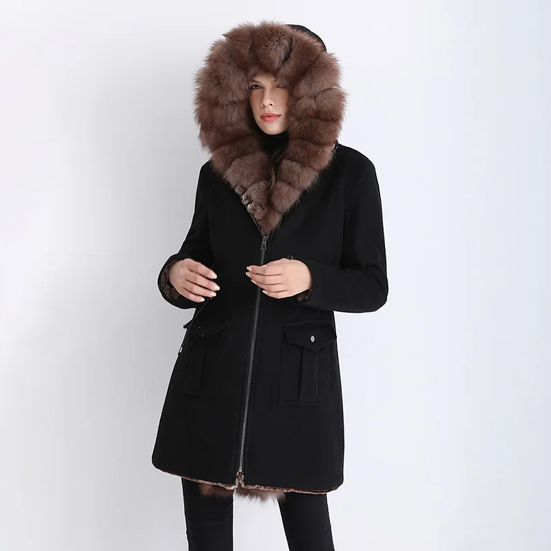 Fox Fur Trimmed Black Coat Brown Fur Hood Thick Rabbit Fur Lining