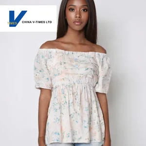 New Summer Women's Plus Size Floral Chiffon Blouse Off-Shoulder Puff Sleeve Natural Casual Washable Front