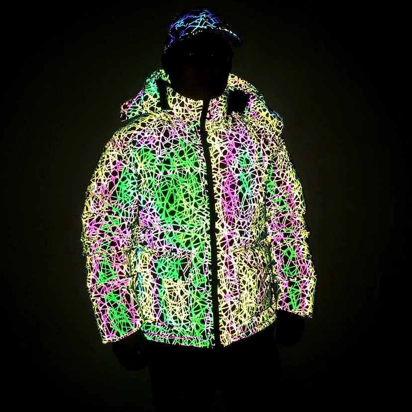 Yufan New Design Unisex 3d Pocket Outdoor Dazzling Reflective Down Jacket Rainbow Luminous Hooded Winter Padded Jacket