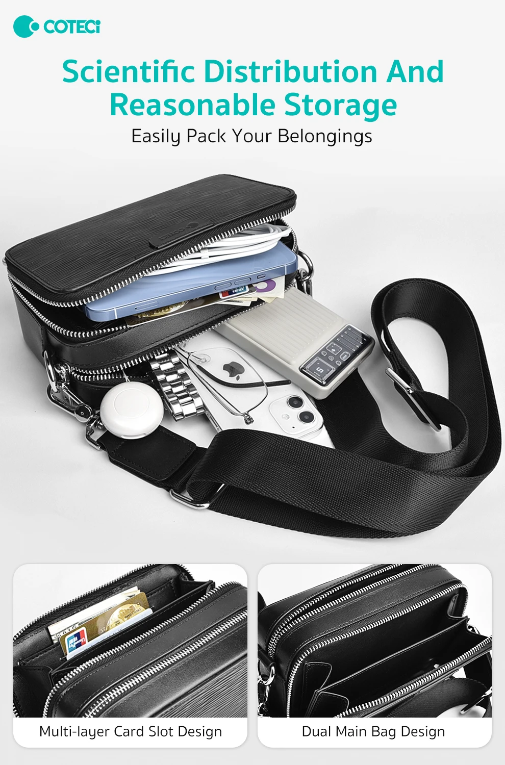 COTECi Luxury Series Men's GENUINE Leather Shoulder Pouch Satchel Small Square Side Bag Logo Travel Fashion Sac Bandouliere
