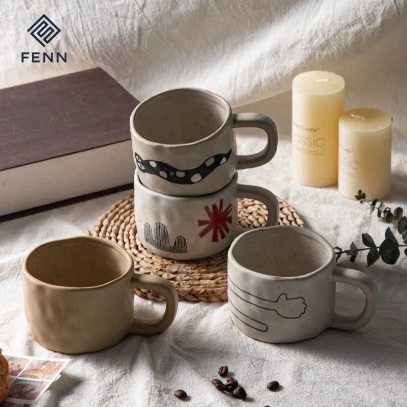 FENN Custom Vintage Country Design Wholesale Handmade Irregular Porcelain Clay Cup Ceramic Coffee Mugs Pottery Cup with Saucer