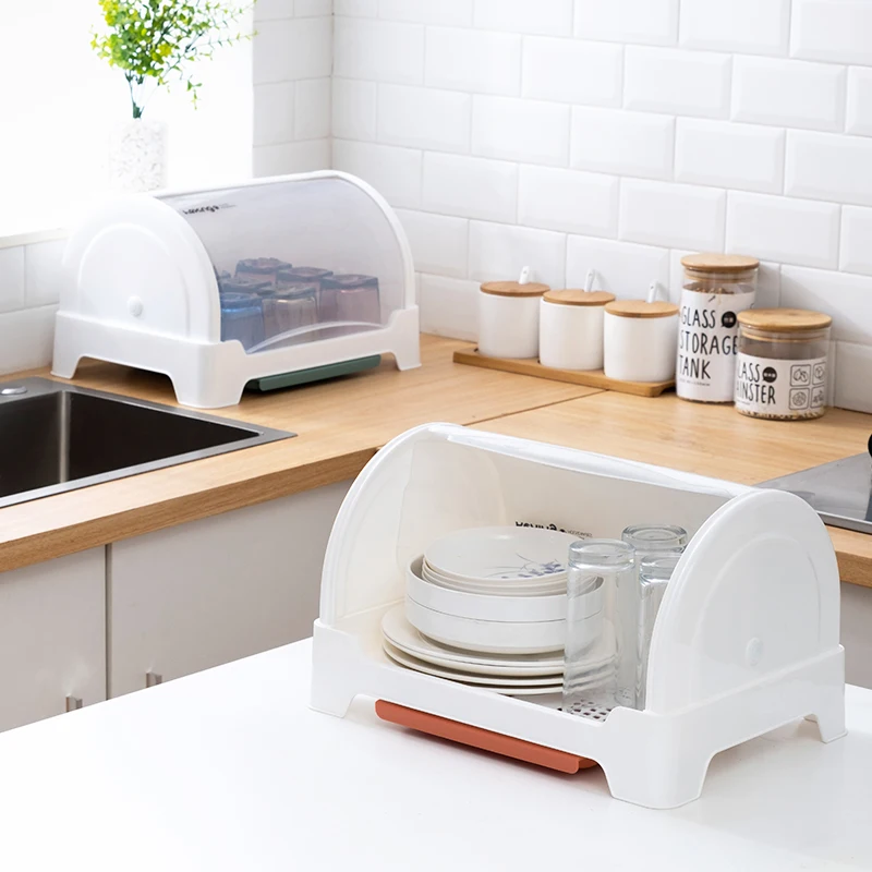 Slide Cover Dish Rack Kitchen Storage Containers Plastic Kitchen Dish Rack Bread Box Dish Drying Rack With Draining Tray