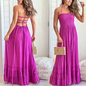 Women's Casual Dress Wholesale Halter Backless Maxi Ruffle Dress Custom Elegant Solid Plain Summer Bohemian Dress
