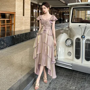 Casual Satin Summer Maxi Ruffle Short Sleeve Summer Dress Women Elegant Floral Appliques Midi Long Dress