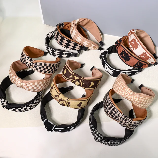 Panda Printing Color Contrast Fabric Hairband Retro Brown Checkerboard Love Hair Ribbons Autumn Winter Elegance Hair Accessories