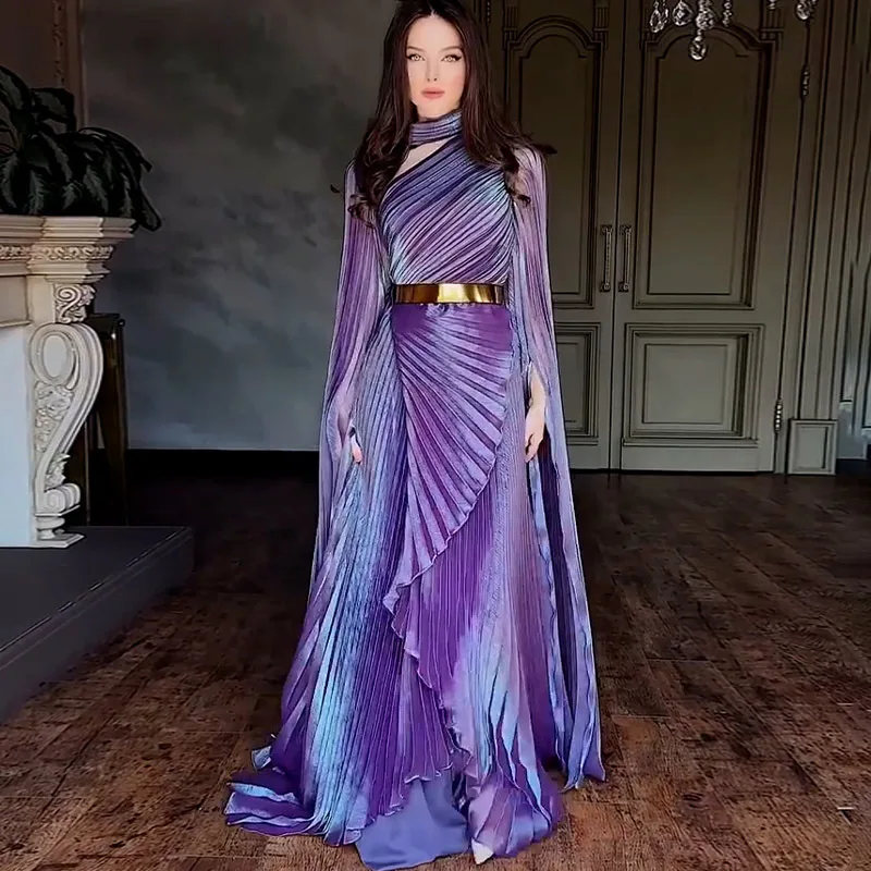 Customized Modest Evening Dresses Pleat Sash Celebrity Sheath Long Sleeve  Party Robe Dresses Muslim Conservative Dress Gowns