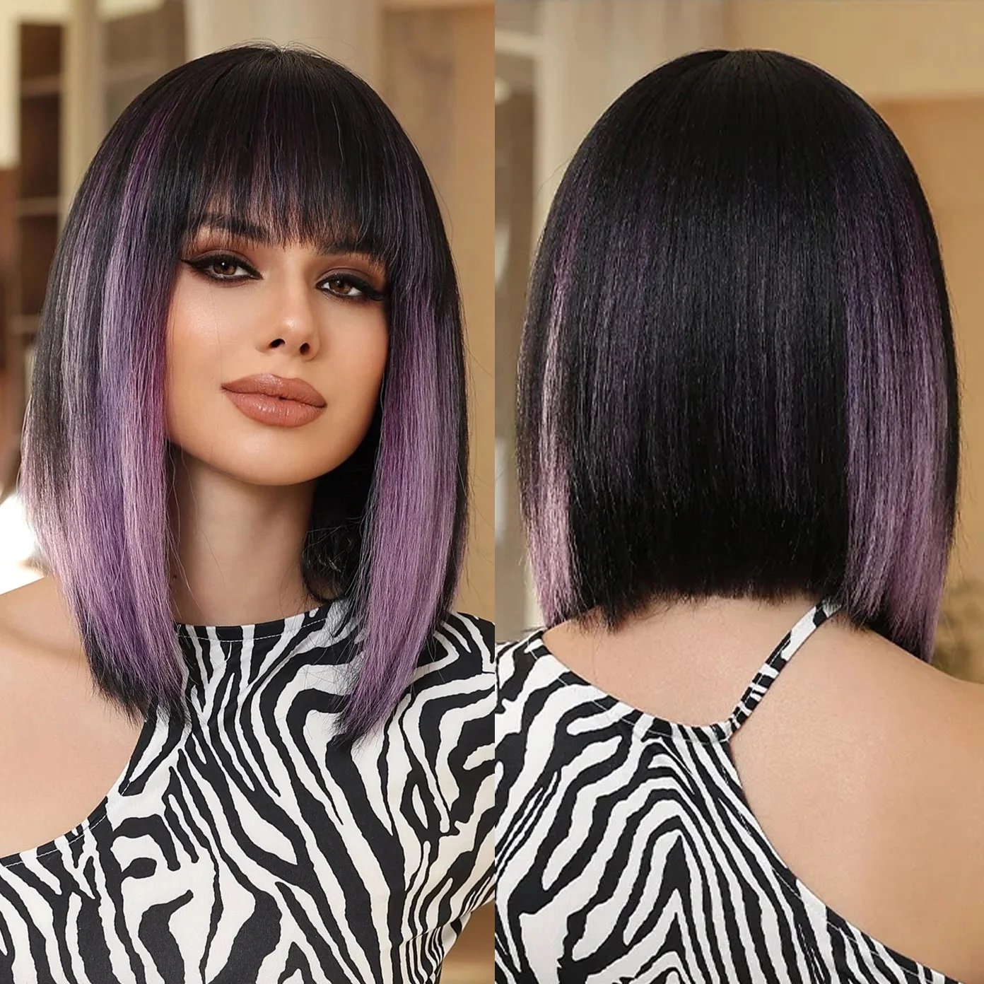 Black Grey retailer Purple Bob Wig