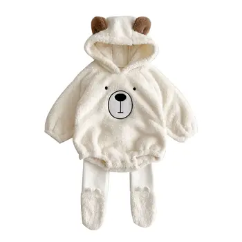 Ins Baby clothes Autumn/Winter cute hooded bear baby fleece crawl suit Warm double-sided fleece jacket romper and pants