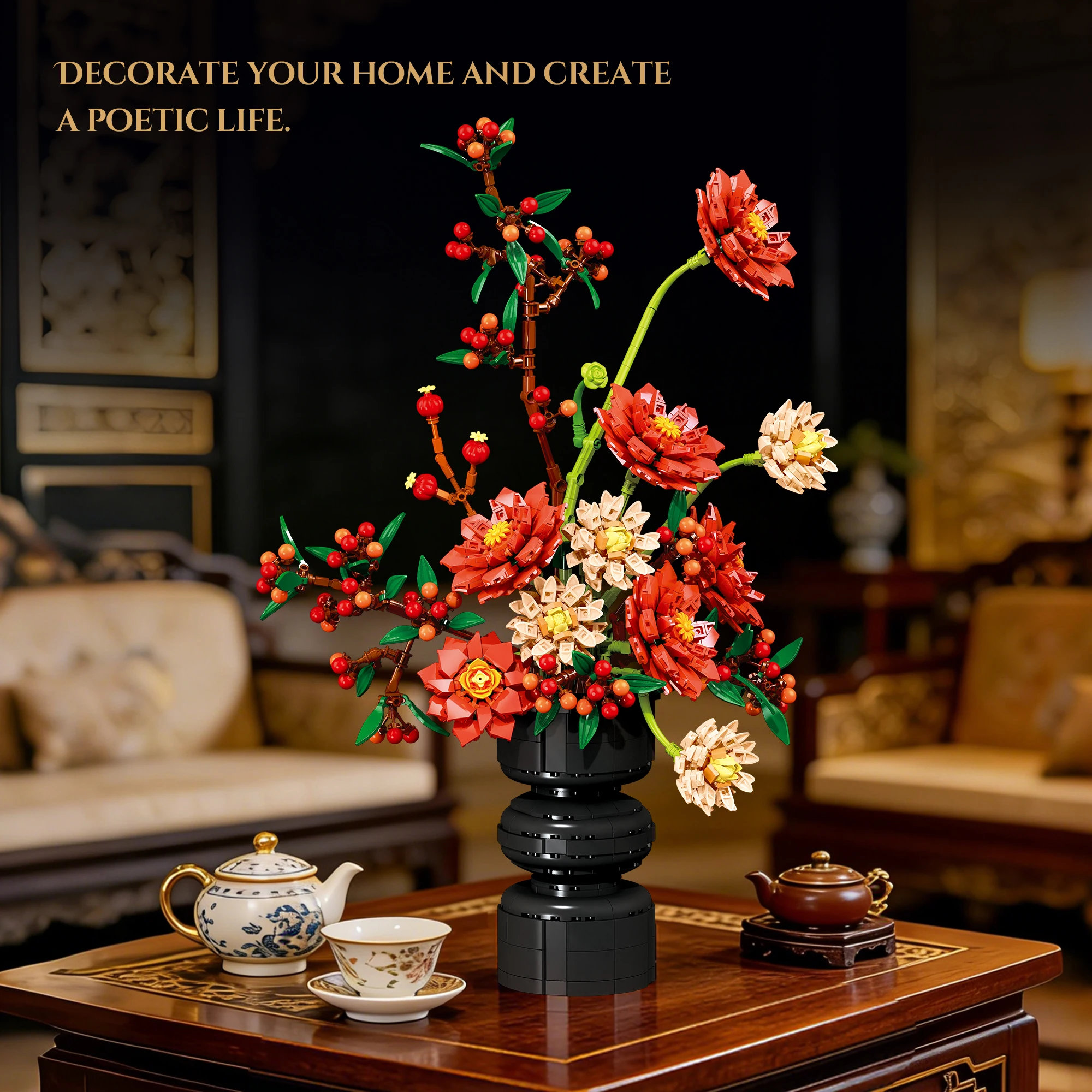 置物 JS JJ9249 Red Dahlia Artificial Flower Building Blocks