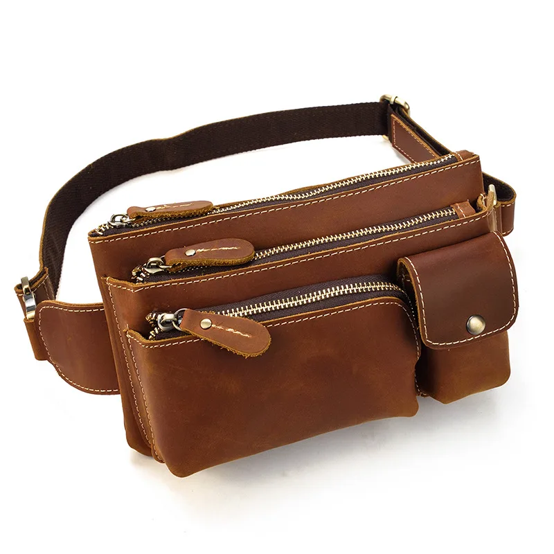 European and American fashion popular men's leather chest bag retro crazy horse leather waist bag leisure sports messenger bag m