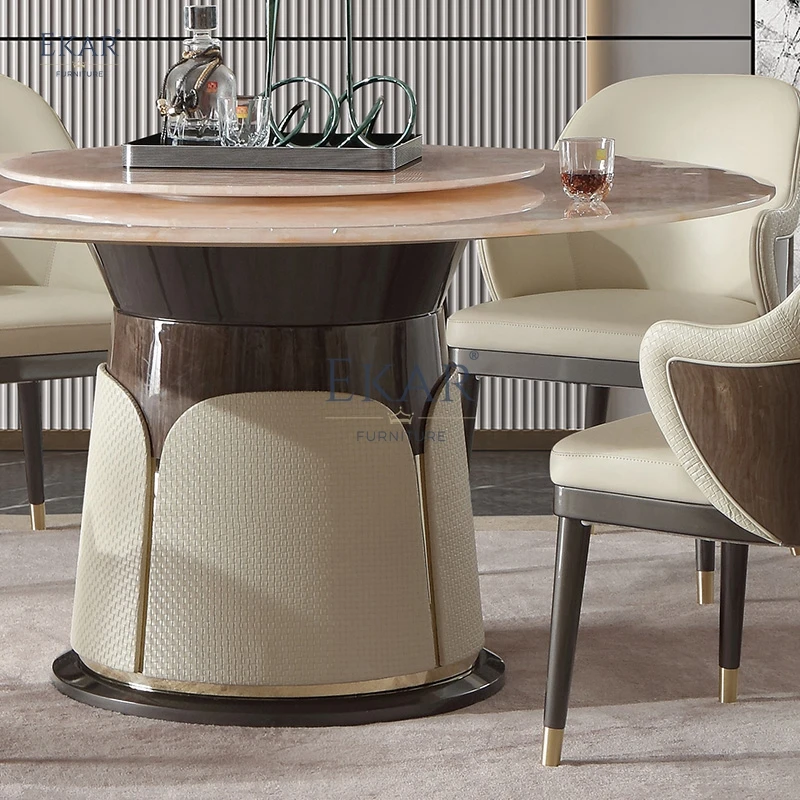 product new design embossed microfiber round dining room dining table dining table and chair set-60