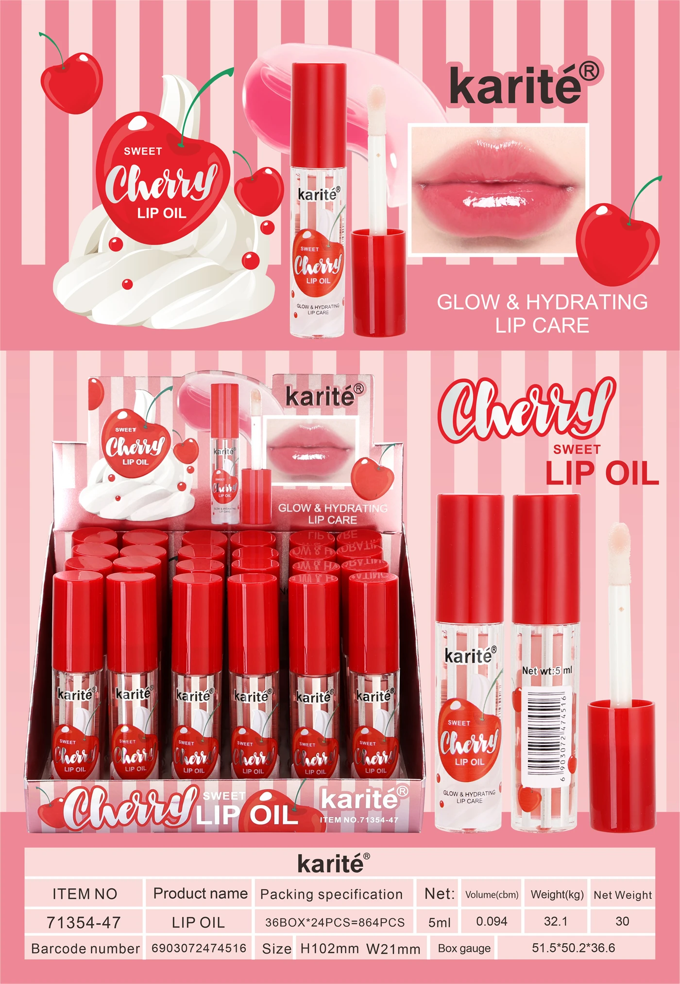 Karite New Arrival Cherry Sweet Lip Oil Private Label Cosmetic