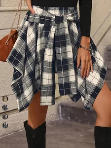 Vintage Short Skirt Women Nightclub Fashion Irregular Plaid Tied Sleeved Casual Skirt Autumn Breathable Dresses Women Custom
