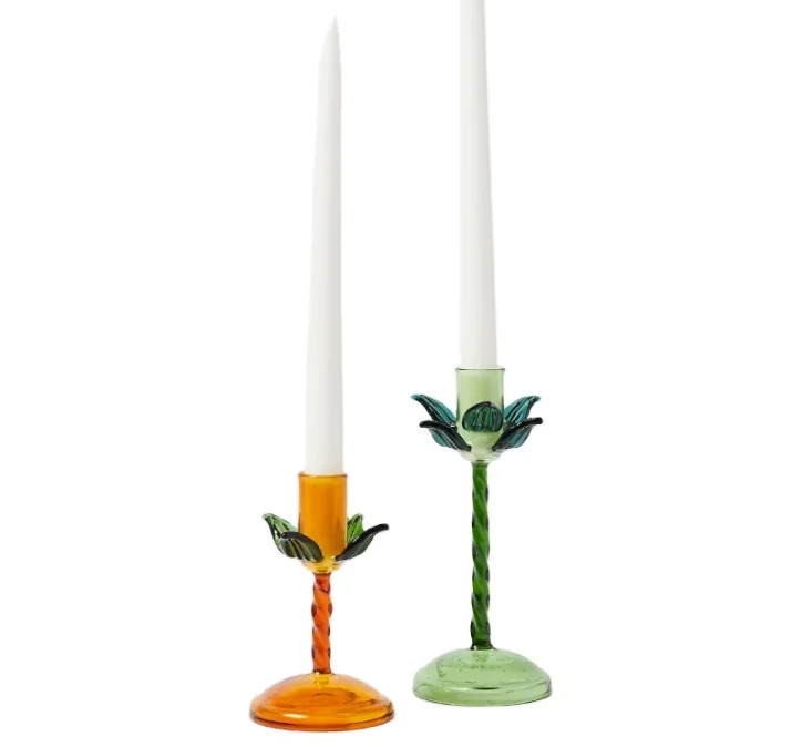 Custom Made Handcrafted Colored Palm Tree Glass Candlestick Holder with Twisted Stick and Tapered Base