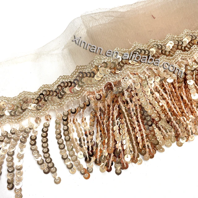 R422 wholesale sequins saree border lace sequins tassel fringe trim for dress