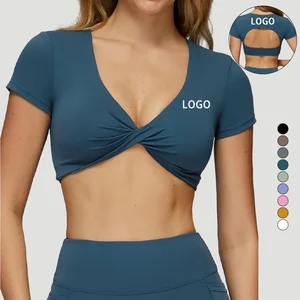 Short Sleeve V-Neck Seamless Plus Size Workout Crop Top Padded Athletic Yoga Sports Wear for Women