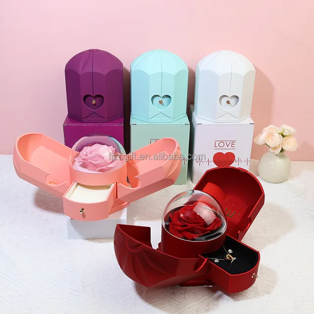 Hot Sale Lasting Eternal Flower Acrylic Jewelry Gift Box Necklace Ring Drawer Preserved Rose Angel Wings for Day Valentine's Day