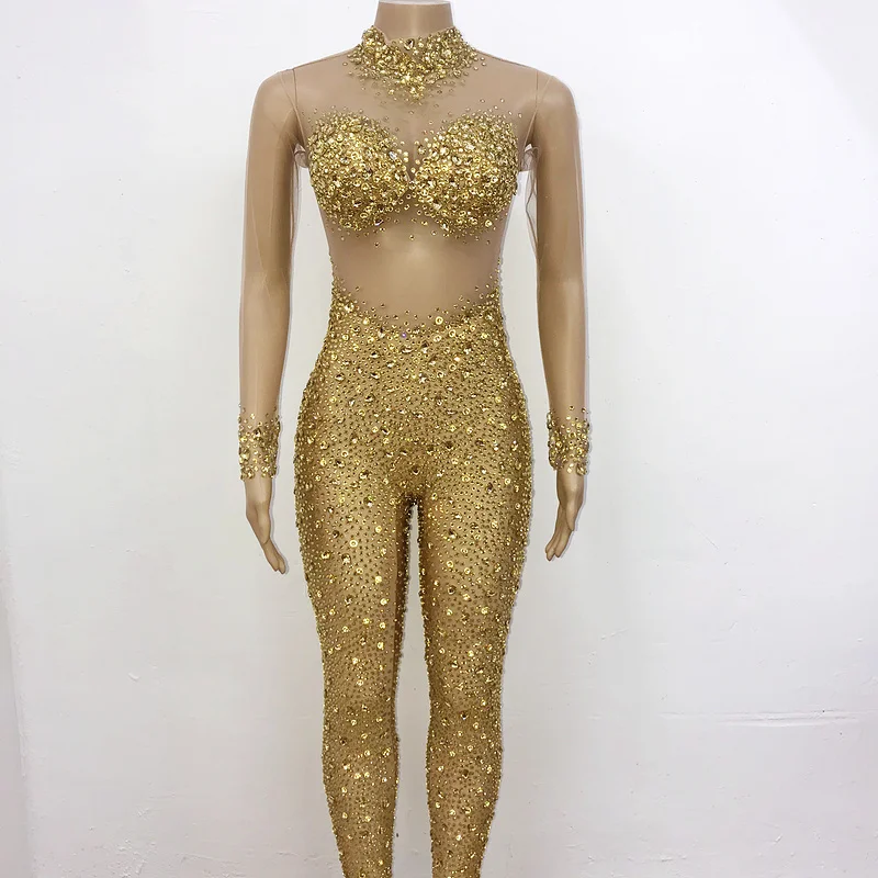 Sparkly women Singer rhinestone jumpsuit see through jewelry club stage show dance bodysuit costume gogo outfit Alibaba