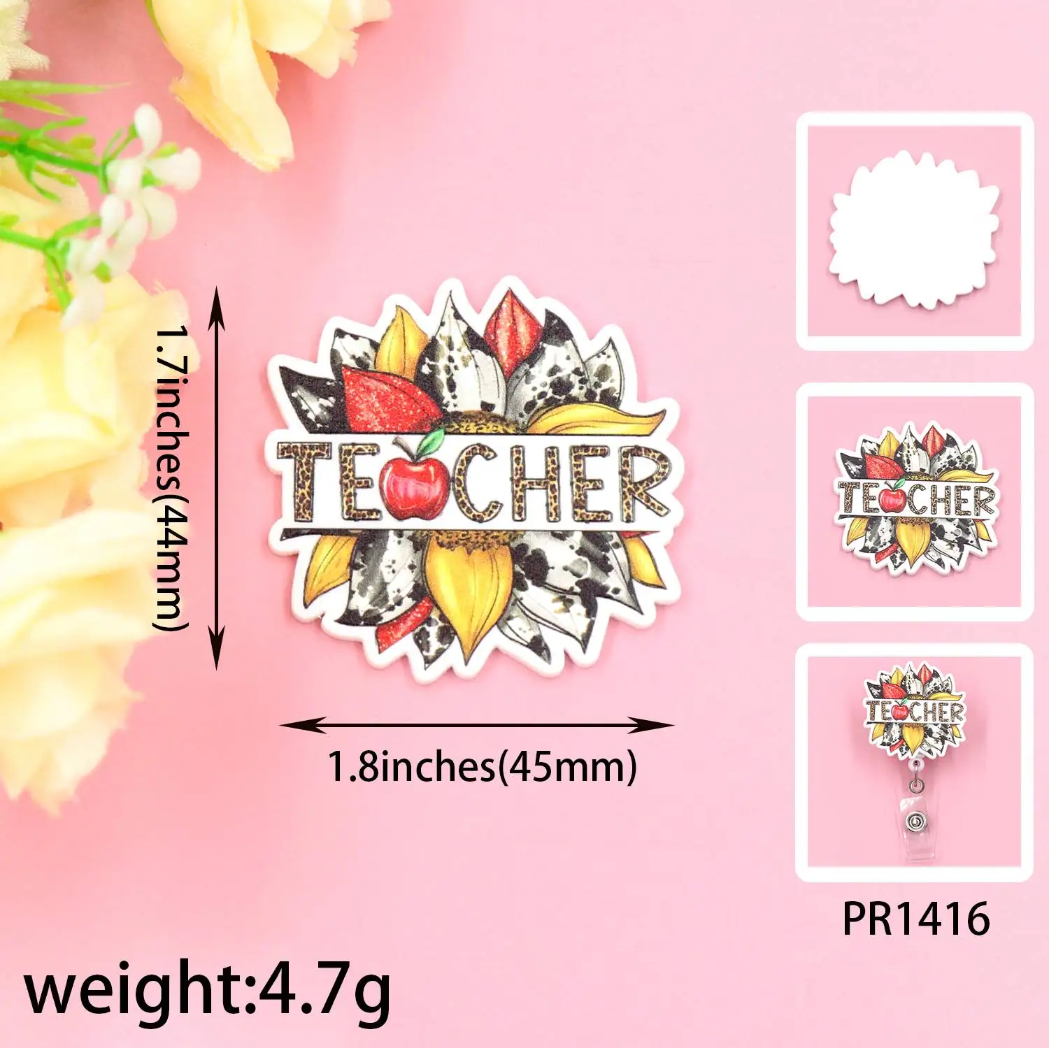 ZSHPR1416 Set of 4 Acrylic Badges Holder Accessories Rainbow Flower Apple Teacher Crayon Design Back School Made Durable Plastic details