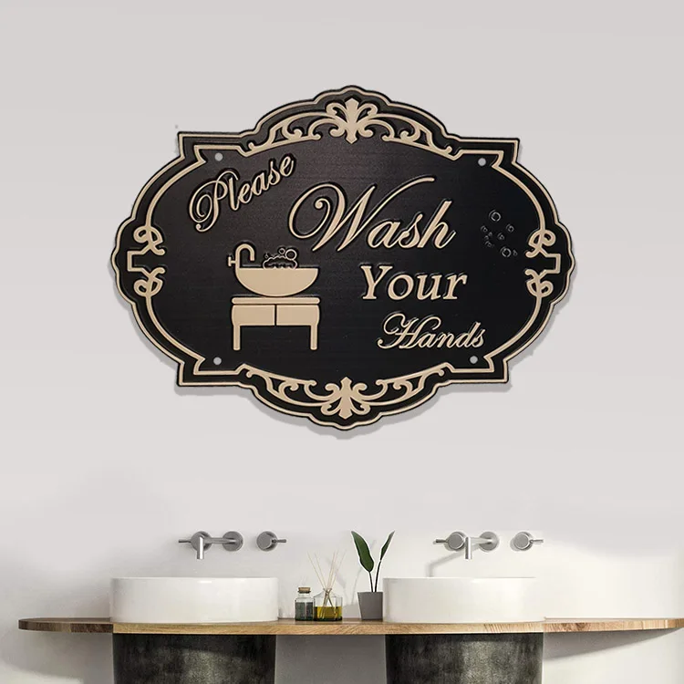 Irregular Shape Embossed Letters Unique Metal Plaque  12X9Inch Please Wash Your Hand Metal Sign for Bathroom Kitchen Decor