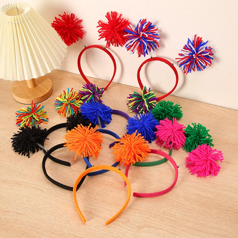 Rainbow Pom Pom Fluffy Ball Headband for New Year & Halloween display picture 1