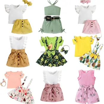 Made in China children's clothing wholesale summer short-sleeved sleeveless top bow shorts girls set