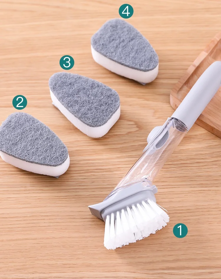 Soap Dispensing Dish Brush Set, Scrub Brush with 4 Sponge