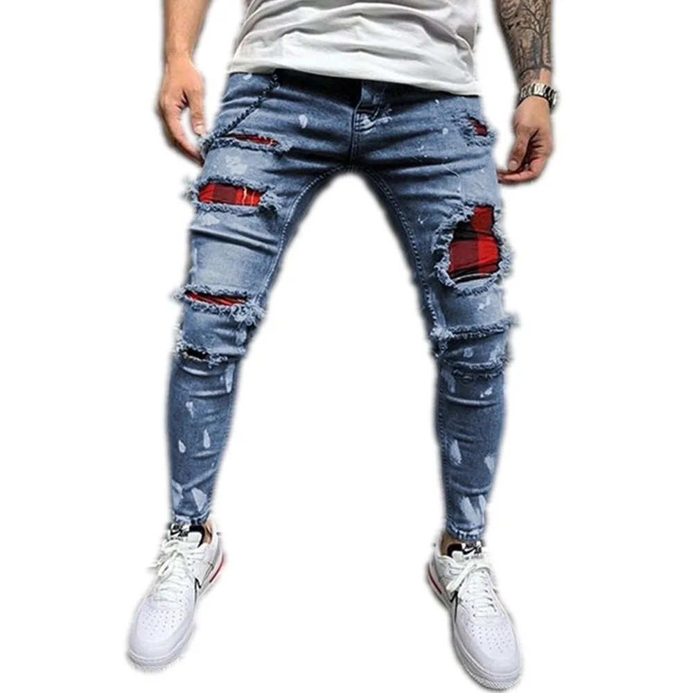 New Italy Pop Style Men Blue Pants Snake Embroidery Slim Jeans Trousers AM8049T