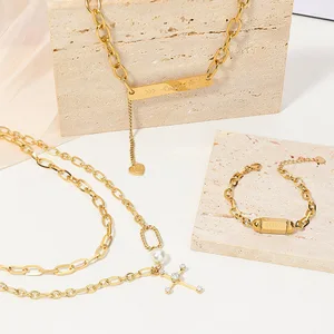 Hot Sale New Fashion Vintage Custom Stainless Steel Zircon Multilayer Pearl Choker Necklace and Bracelet Set 18K Gold Plated