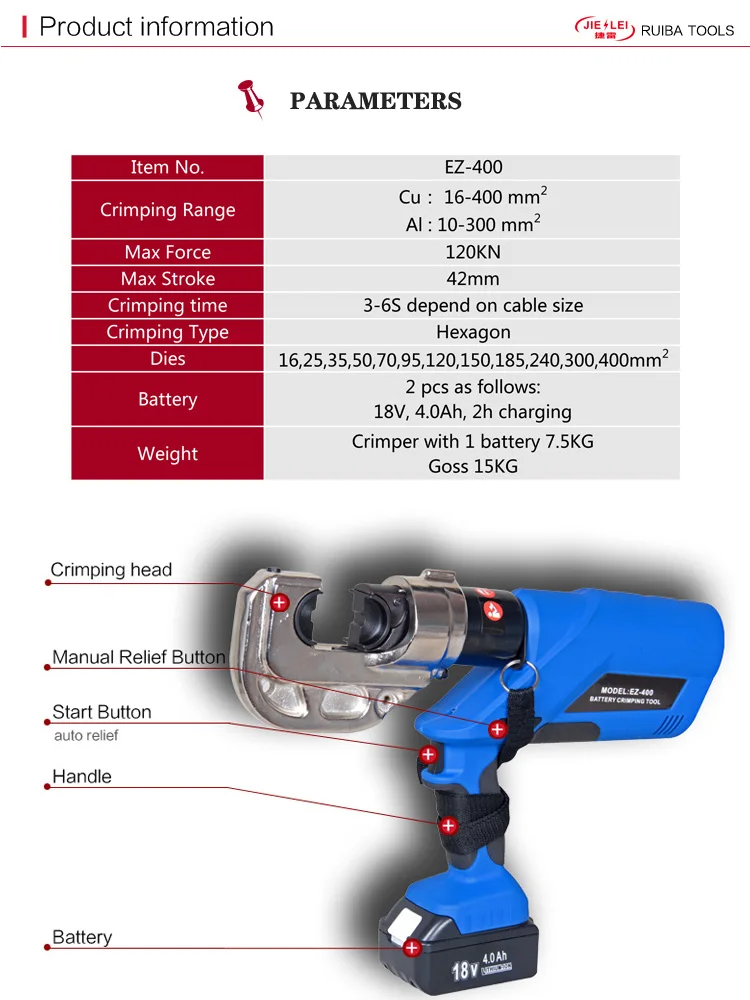 Pince à Sertir Hydraulique Sans Fil EZ-300 / EZ-400 18V - 120KN, 42mm - Neuve