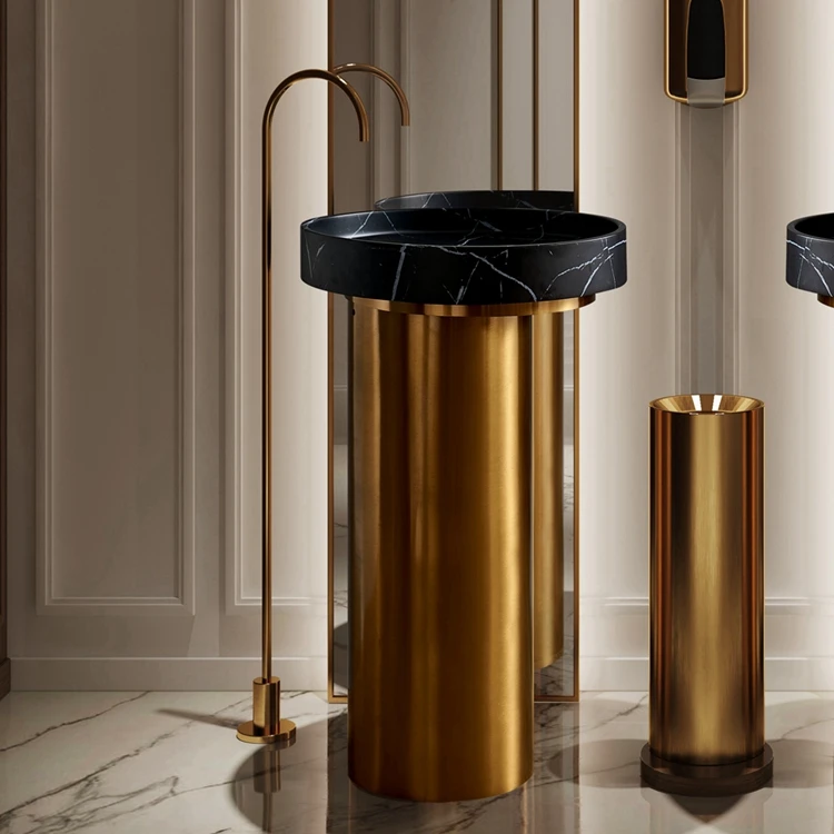Italy Low-key Luxury Golden 304 Stainless Steel Pedestal with Black Marbke Wash Basin Bathroom Basin Sink  for Hotel Bathroom