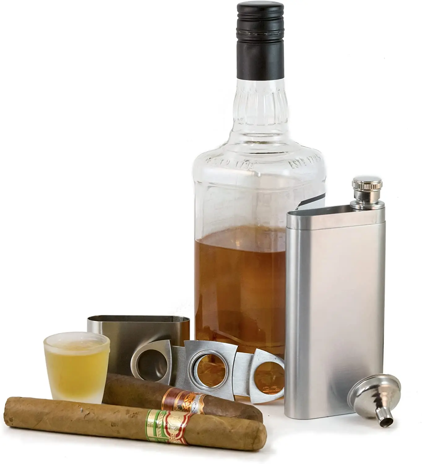 (Bulk of 2 Pcs) 2oz Stainless Steel Flask with 2 Cigar Tube for Groom's Gift