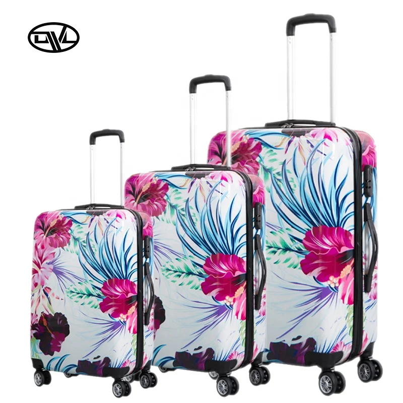 Factory Hot Sell Custom 3pcs Set Colorful PC Film Printing Universial Wheel Trolley Travel Bag Luggage Set Main ABS Spinner