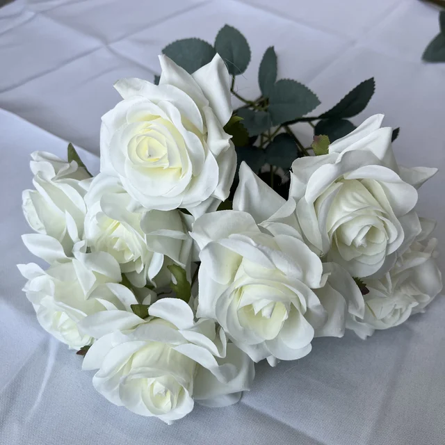 Artificial Silk White Centerpiece Flower Aritificial Flowers 9 Head Rose Bunch Bouquet For Wedding