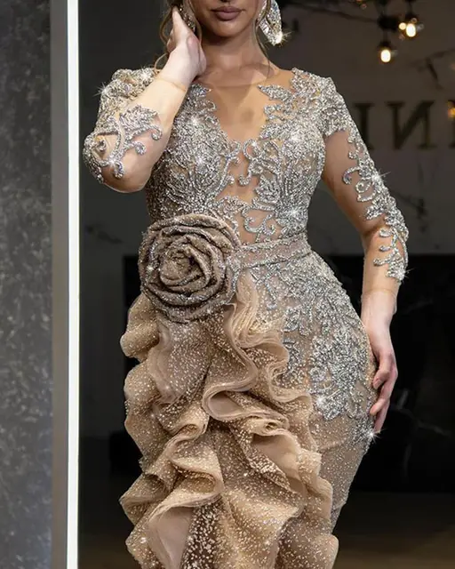 2022 clothing sexy temperament sprinkle gold trailing dresses new gowns for women evening long sleeve dress - Image 2