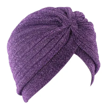 Pleated Glitter Turban For Women Stretchy Hat Beanie Headwrap Twist Elastic Slip On Cap Shiny Turbans Shimmer Chemo Cap
